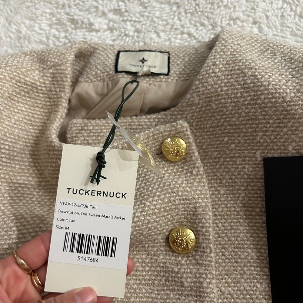 Tuckernuck Maria'a Biege Tweed Blazer Gold Button M Preppy Country Club Church - Picture 6 of 6
